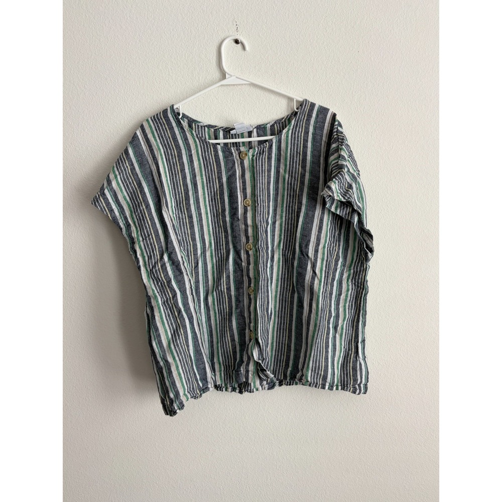 Liz Claiborne Top Womens XL Multicolor Striped Cap Sleeve Oversized Button Front